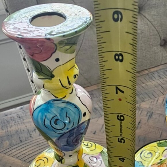 2 Tapered Candlesticks Candle Holders Made in Portugal Floral Flower Painted - Picture 2 of 4